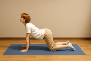 alt="背中を反らして胸を開くカウポーズ。猫背改善や首肩こり予防に役立つ動き"