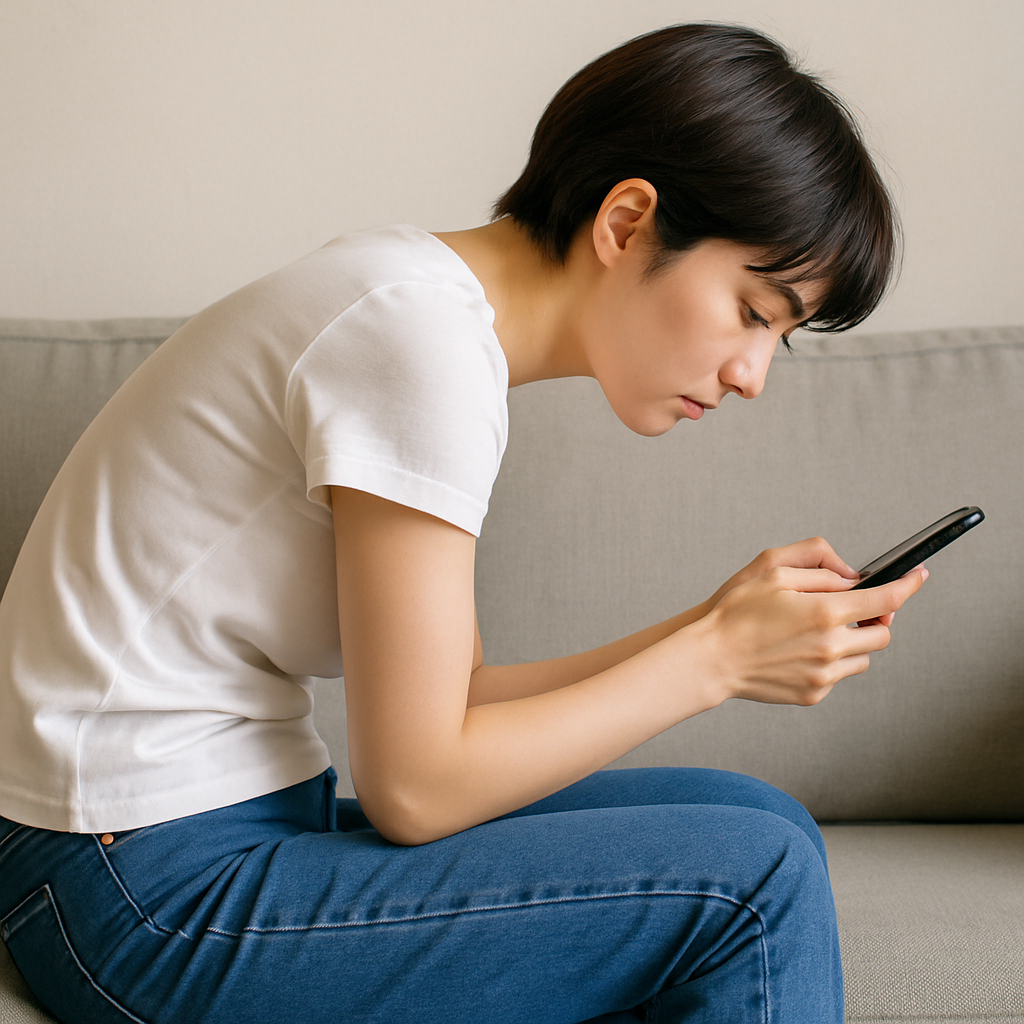 姿勢改善で携帯を見ている