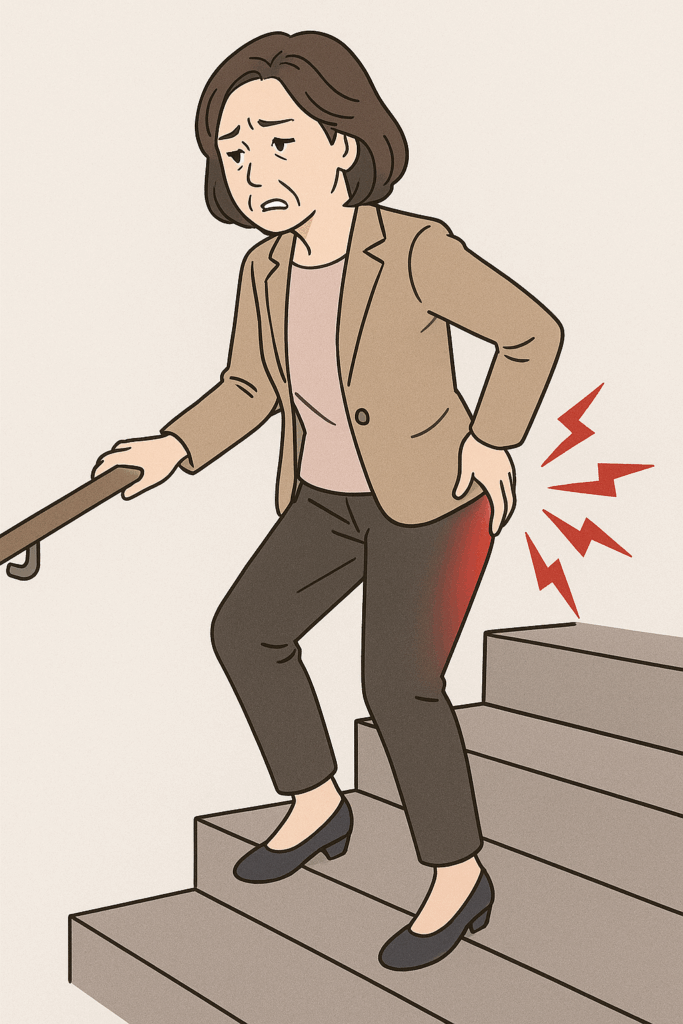 坐骨神経痛の痛みで階段を降りる女性